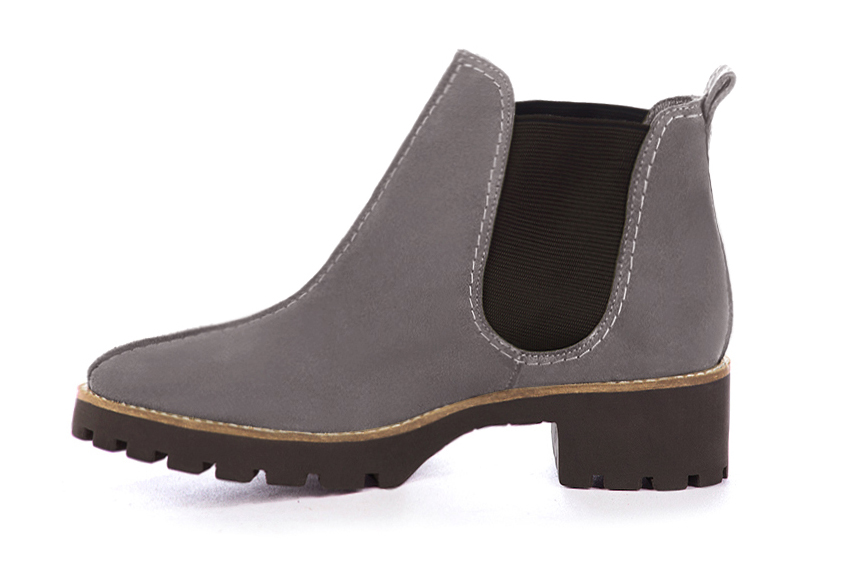 Women's pebble grey and dark brown elegant Chelsea ankle boots, with side elastics. Round toe. Thick rubber soles - Profile view